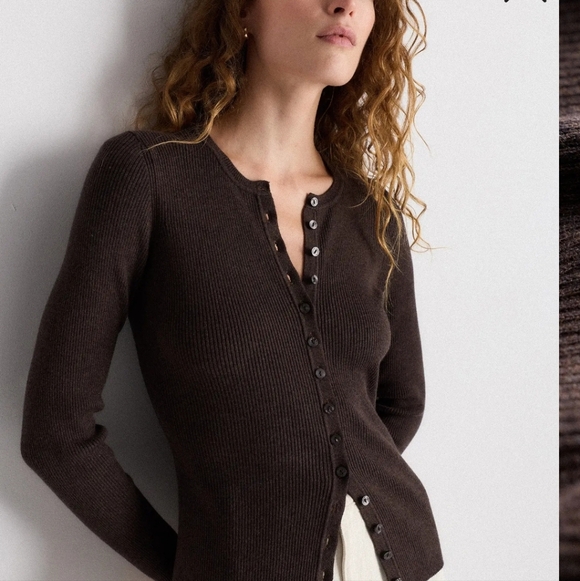 Quince Cotton Cashmere Fitted Ribbed Cardigan In Mocha Heather - Picture 13 of 16